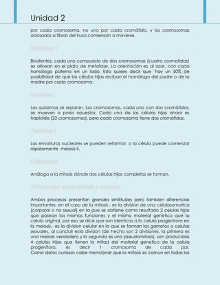 Unidad 2
por cada cromosoma, no uno por cada cromátida, y los cromosomas
adosados a fibras del huso comienzan a moverse.
Bivalentes, cada uno compuesto de dos cromosomas (cuatro cromatidas)
se alinean en el plato de metafase. La orientación es al azar, con cada
homólogo paterno en un lado. Esto quiere decir que hay un 50% de
posibilidad de que las células hijas reciban el homólogo del padre o de la
madre por cada cromosoma.
Los quiasmas se separan. Los cromosomas, cada uno con dos cromátidas,
se mueven a polos opuestos. Cada una de las células hijas ahora es
haploide (23 cromosomas), pero cada cromosoma tiene dos cromátidas.
Las envolturas nucleares se pueden reformar, o la célula puede comenzar
rápidamente meiosis II.
Análoga a la mitosis dónde dos células hijas completas se forman.
Ambos procesos presentan grandes similitudes pero tambien diferencias
importantes. en el caso de la mitosis.- es la division de una celulasomatica
(corporal o no sexual) en la que se obtiene como resultado 2 celulas hijas
que posean las mismas funciones y el mismo material genetico que la
celula original, por eso se dice que son identicas a la celula progenitora en
la meiosis.- es la division celular en la que se forman los gametos o celulas
sexuales, al concluir esta division (de hecho son 2 divisiones, la primera es
una meiosis verdadera y la segunda es una pseudomitosis), son producidas
4 celulas hijas que tienen la mitad del material genetico de la celula
progenitora, es decir 1 cromosoma de cada par.
Como datos curiosos cabe mencionar que la mitosis es comun en todos los
 