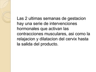 Las 2 ultimas semanas de gestacion
hay una serie de intervenciones
hormonales que activan las
contracciones musculares, asi como la
relajacion y dilatacion del cervix hasta
la salida del producto.
 