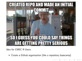 Idea for CMEC R Users:
Create a Github organization (like a repository basecamp)
 