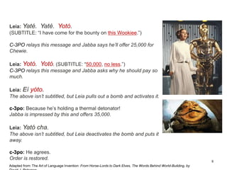 9
Leia: Yaté. Yaté. Yotó.
(SUBTITLE: “I have come for the bounty on this Wookiee.”)
C-3PO relays this message and Jabba says he’ll offer 25,000 for
Chewie.
Leia: Yotó. Yotó. (SUBTITLE: “50,000, no less.”)
C-3PO relays this message and Jabba asks why he should pay so
much.
Leia: Eí yóto.
The above isn’t subtitled, but Leia pulls out a bomb and activates it.
c-3po: Because he’s holding a thermal detonator!
Jabba is impressed by this and offers 35,000.
Leia: Yató cha.
The above isn’t subtitled, but Leia deactivates the bomb and puts it
away.
c-3po: He agrees.
Order is restored.
Adapted from: The Art of Language Invention: From Horse-Lords to Dark Elves, The Words Behind World-Building, by
 
