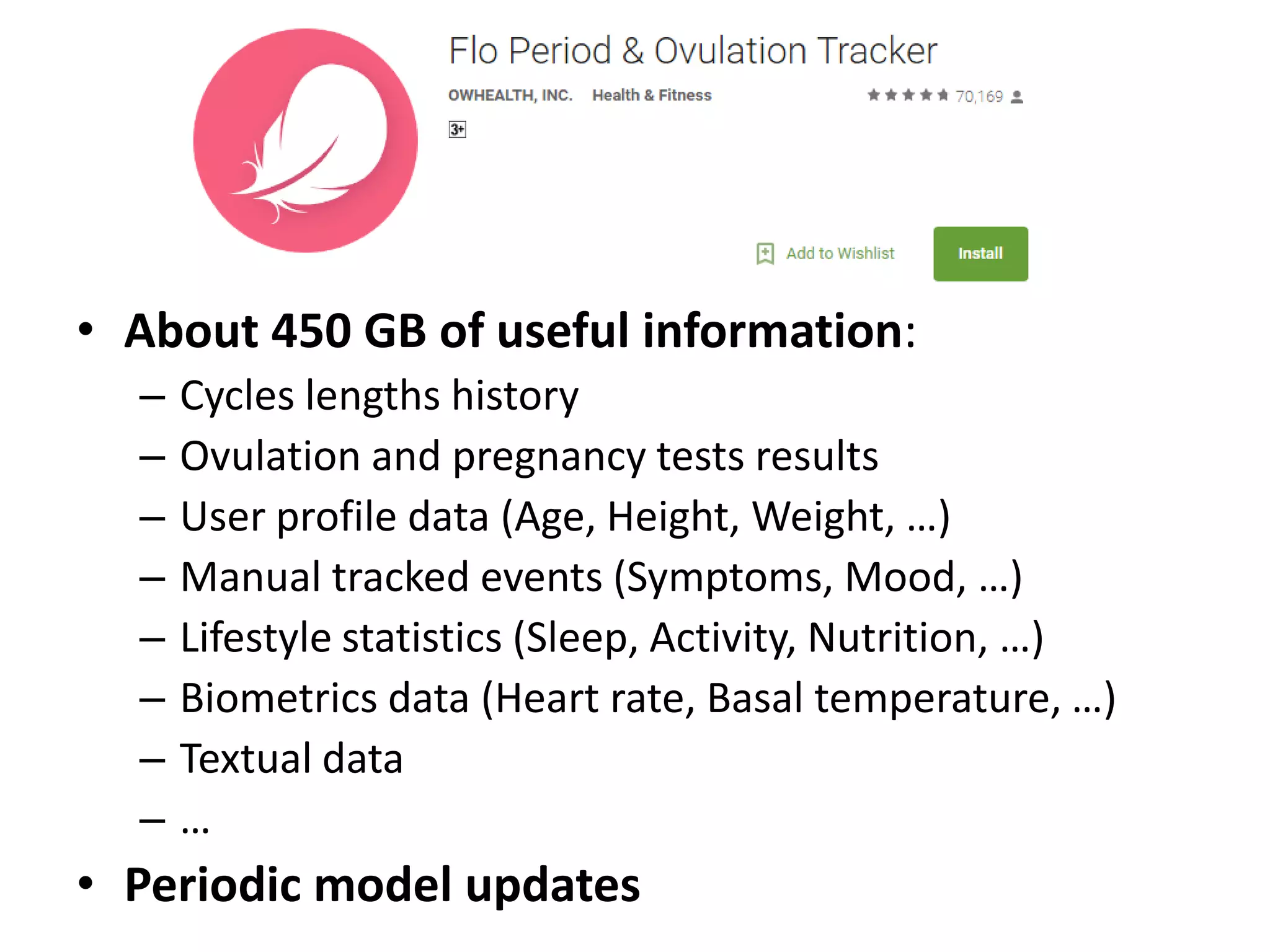 • About 450 GB of useful information:
– Cycles lengths history
– Ovulation and pregnancy tests results
– User profile data (Age, Height, Weight, …)
– Manual tracked events (Symptoms, Mood, …)
– Lifestyle statistics (Sleep, Activity, Nutrition, …)
– Biometrics data (Heart rate, Basal temperature, …)
– Textual data
– …
• Periodic model updates
 