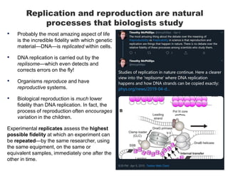 Replication and reproduction are natural
processes that biologists study
• Probably the most amazing aspect of life
is the incredible fidelity with which genetic
material—DNA—is replicated within cells.
• DNA replication is carried out by the
replisome—which even detects and
corrects errors on the fly!
• Organisms reproduce and have
reproductive systems.
• Biological reproduction is much lower
fidelity than DNA replication. In fact, the
process of reproduction often encourages
variation in the children.
Experimental replicates assess the highest
possible fidelity at which an experiment can
be repeated—by the same researcher, using
the same equipment, on the same or
equivalent samples, immediately one after the
other in time.
 