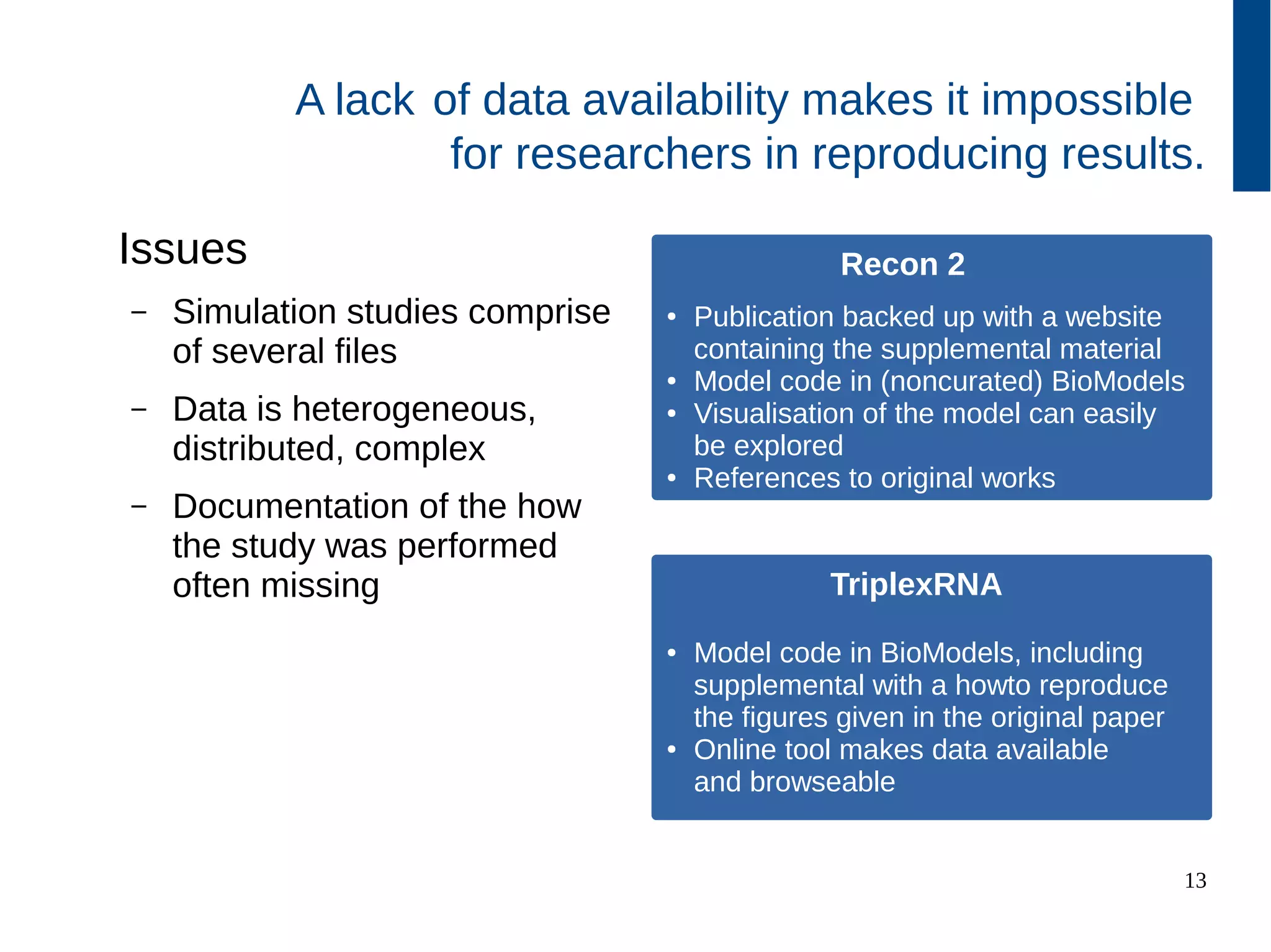 13
A lack of data availability makes it impossible
for researchers in reproducing results.
Issues
– Simulation studies comprise
of several files
– Data is heterogeneous,
distributed, complex
– Documentation of the how
the study was performed
often missing
● Model code in BioModels, including
supplemental with a howto reproduce
the figures given in the original paper
● Online tool makes data available
and browseable
TriplexRNA
Recon 2Recon 2
● Publication backed up with a website
containing the supplemental material
● Model code in (noncurated) BioModels
● Visualisation of the model can easily
be explored
● References to original works
 