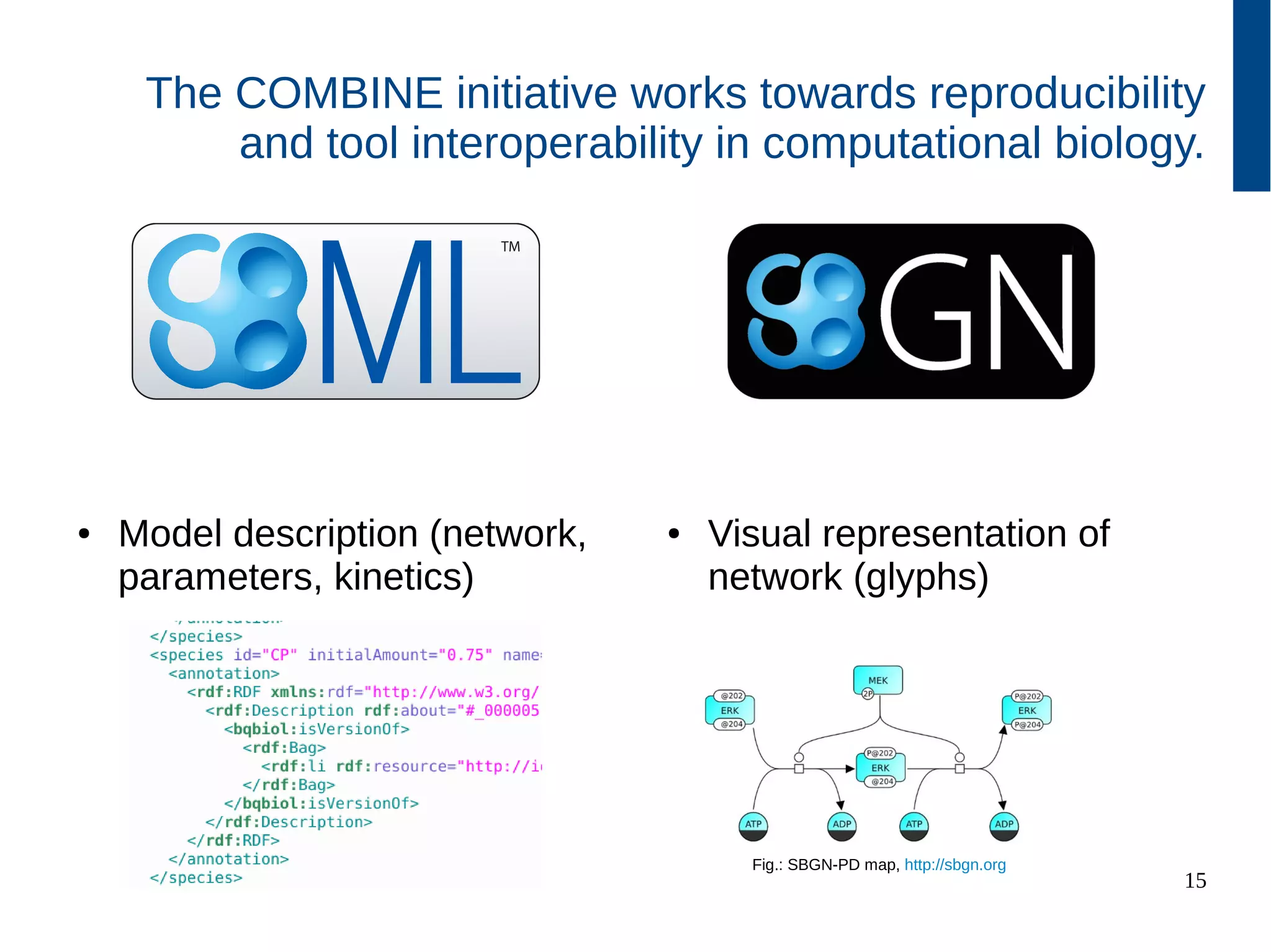 15
The COMBINE initiative works towards reproducibility
and tool interoperability in computational biology.
● Model description (network,
parameters, kinetics)
Fig.: SBGN-PD map, http://sbgn.org
● Visual representation of
network (glyphs)
 