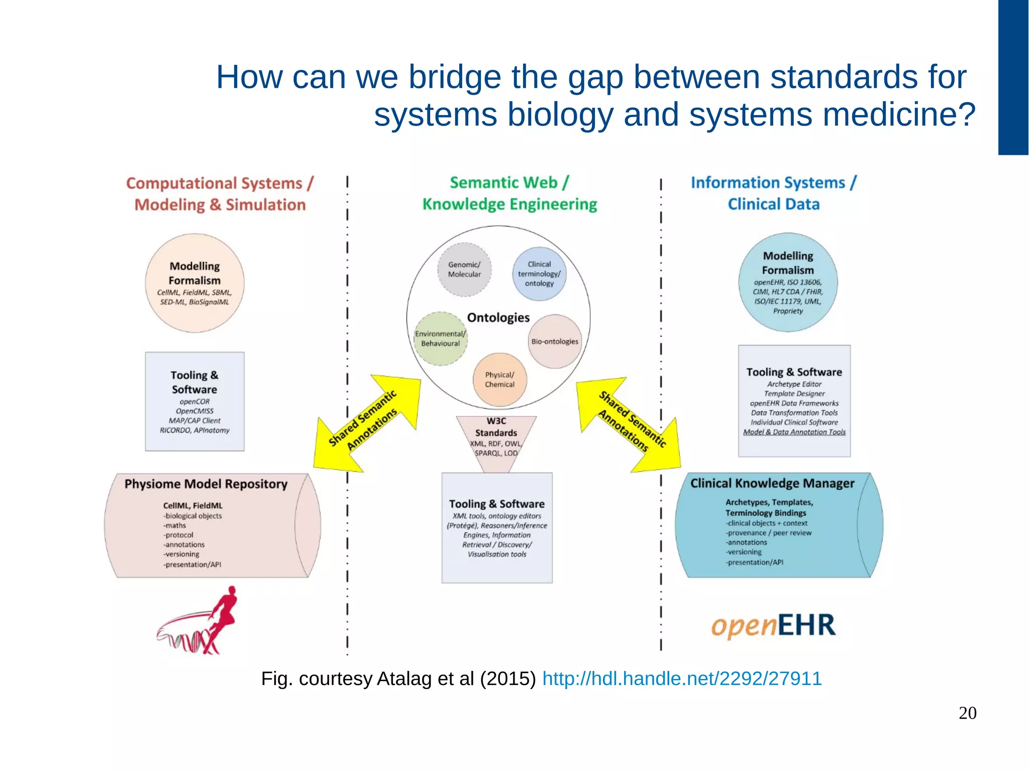 20
How can we bridge the gap between standards for
systems biology and systems medicine?
Fig. courtesy Atalag et al (2015) http://hdl.handle.net/2292/27911
 