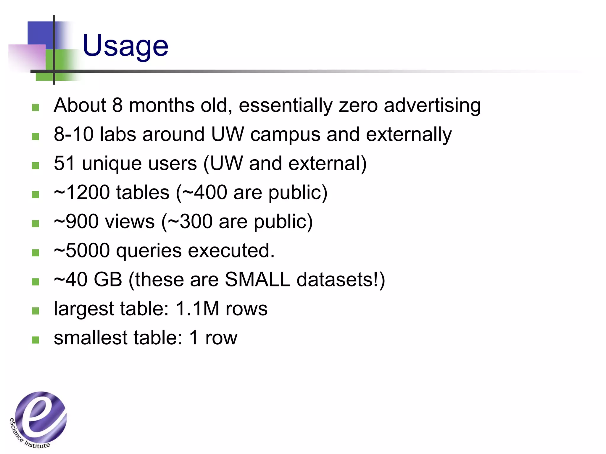 Usage
   About 8 months old, essentially zero advertising
   8-10 labs around UW campus and externally
   51 unique users (UW and external)
   ~1200 tables (~400 are public)
   ~900 views (~300 are public)
   ~5000 queries executed.
   ~40 GB (these are SMALL datasets!)
   largest table: 1.1M rows
   smallest table: 1 row
 