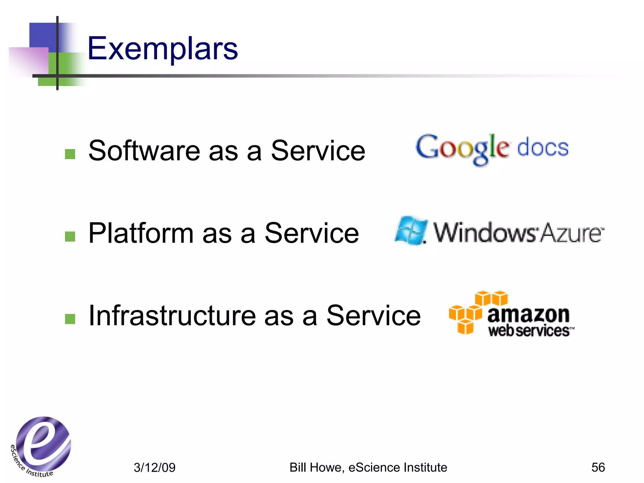Exemplars


   Software as a Service

   Platform as a Service

   Infrastructure as a Service




       3/12/09      Bill Howe, eScience Institute   56
 