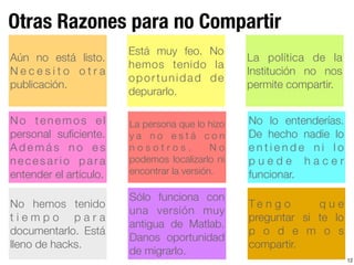 Otras Razones para no Compartir
12
Aún no está listo.
N e c e s i t o o t r a
publicación.
Está muy feo. No
hemos tenido la
oportunidad de
depurarlo.
La política de la
Institución no nos
permite compartir.
No tenemos el
personal suﬁciente.
A d e m á s n o e s
n e c e s a r i o p a r a
entender el artículo.
La persona que lo hizo
y a n o e s t á c o n
n o s o t r o s . N o
podemos localizarlo ni
encontrar la versión.
No lo entenderías.
De hecho nadie lo
e n t i e n d e n i l o
p u e d e h a c e r
funcionar.
No hemos tenido
t i e m p o p a r a
documentarlo. Está
lleno de hacks.
Sólo funciona con
una versión muy
antigua de Matlab.
Danos oportunidad
de migrarlo.
T e n g o q u e
preguntar si te lo
p o d e m o s
compartir.
 