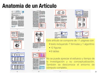 21
Anatomia de un Artículo
Este artículo se compone de 11 páginas con
• texto incluyendo 7 fórmulas y 1 algoritmo
• 12 ﬁguras
• 6 tablas
No se puede apreciar el esfuerzo y tiempo de
la investigación y su conceptualización.
También se desconoce el entorno de
cómputo completo.
 