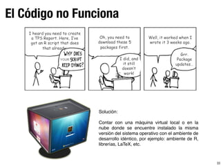El Código no Funciona
33
Solución:
Contar con una máquina virtual local o en la
nube donde se encuentre instalado la misma
versión del sistema operativo con el ambiente de
desarrollo idéntico, por ejemplo: ambiente de R,
librerías, LaTeX, etc.
 