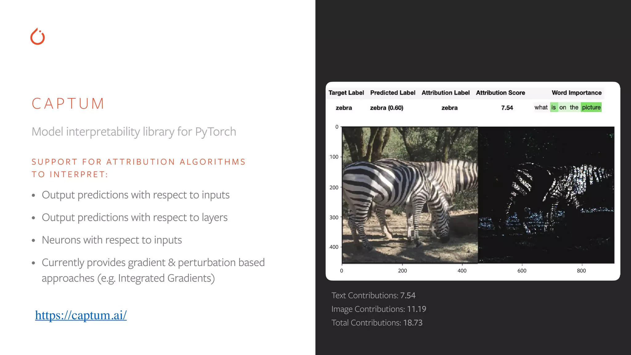 CAPTUM
Text Contributions: 7.54
Image Contributions: 11.19
Total Contributions: 18.73
0 200 400 600 800
400
300
200
100
0
S U P P O R T F O R AT T R I B U T I O N A LG O R I T H M S
T O I N T E R P R E T:
• Output predictions with respect to inputs
• Output predictions with respect to layers
• Neurons with respect to inputs
• Currently provides gradient & perturbation based
approaches (e.g. Integrated Gradients)
Model interpretability library for PyTorch
https://captum.ai/
 
