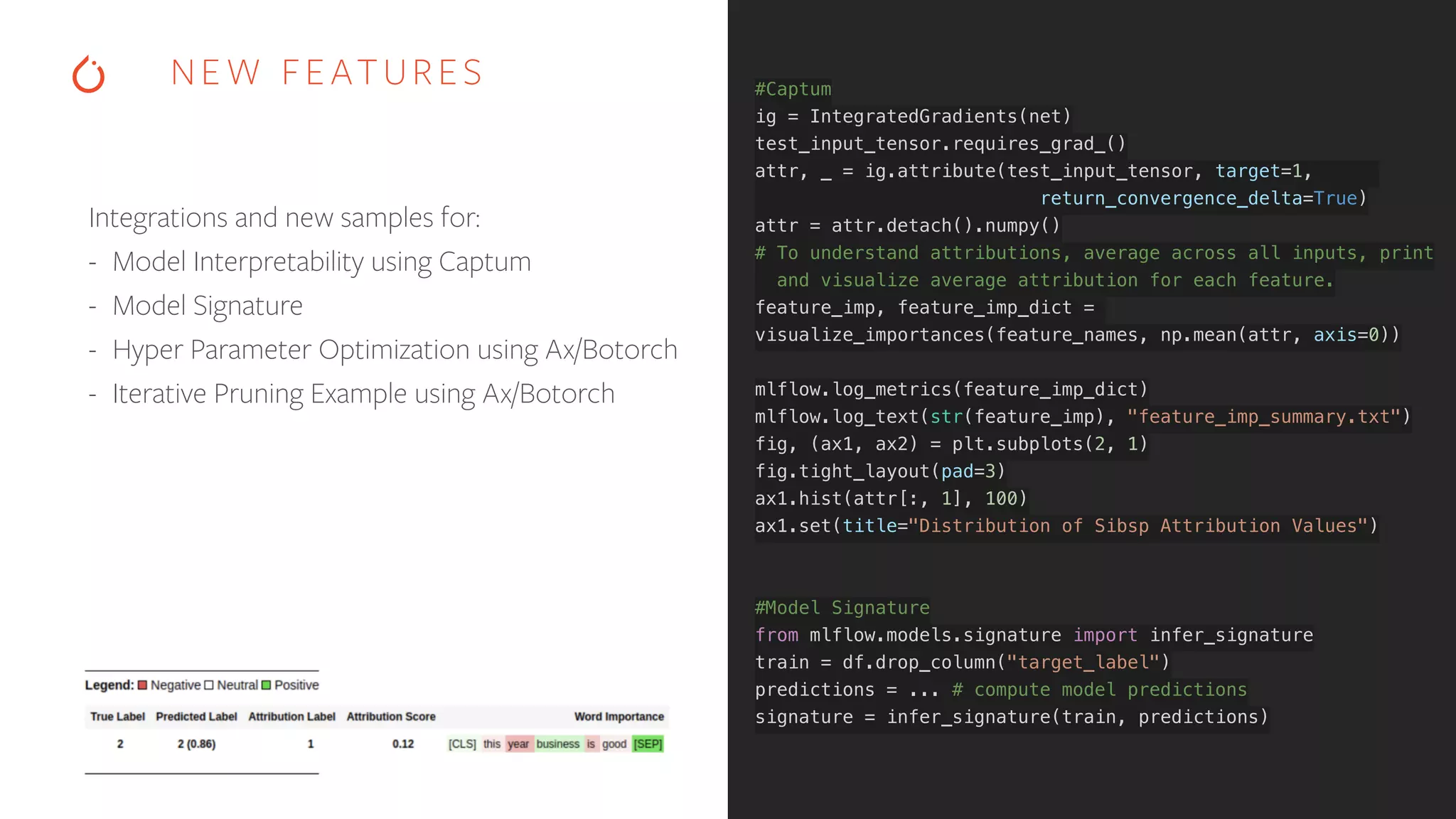 NEW FEATURES
Integrations and new samples for:
- Model Interpretability using Captum
- Model Signature
- Hyper Parameter Optimization using Ax/Botorch
- Iterative Pruning Example using Ax/Botorch
#Captum
ig = IntegratedGradients(net)
test_input_tensor.requires_grad_()
attr, _ = ig.attribute(test_input_tensor, target=1,
return_convergence_delta=True)
attr = attr.detach().numpy()
# To understand attributions, average across all inputs, print
and visualize average attribution for each feature.
feature_imp, feature_imp_dict =
visualize_importances(feature_names, np.mean(attr, axis=0))
mlflow.log_metrics(feature_imp_dict)
mlflow.log_text(str(feature_imp), "feature_imp_summary.txt")
fig, (ax1, ax2) = plt.subplots(2, 1)
fig.tight_layout(pad=3)
ax1.hist(attr[:, 1], 100)
ax1.set(title="Distribution of Sibsp Attribution Values")
#Model Signature
from mlflow.models.signature import infer_signature
train = df.drop_column("target_label")
predictions = ... # compute model predictions
signature = infer_signature(train, predictions)
 