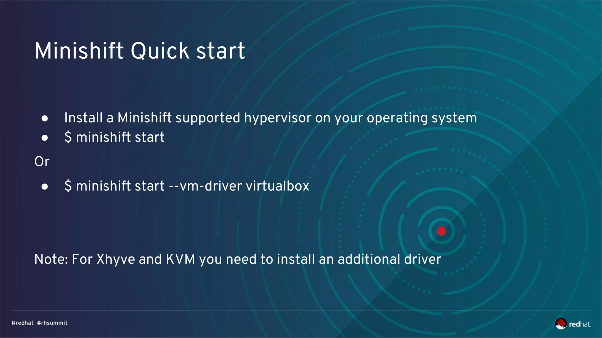 Minishift Quick start
● Install a Minishift supported hypervisor on your operating system
● $ minishift start
Or
● $ minishift start --vm-driver virtualbox
Note: For Xhyve and KVM you need to install an additional driver
 