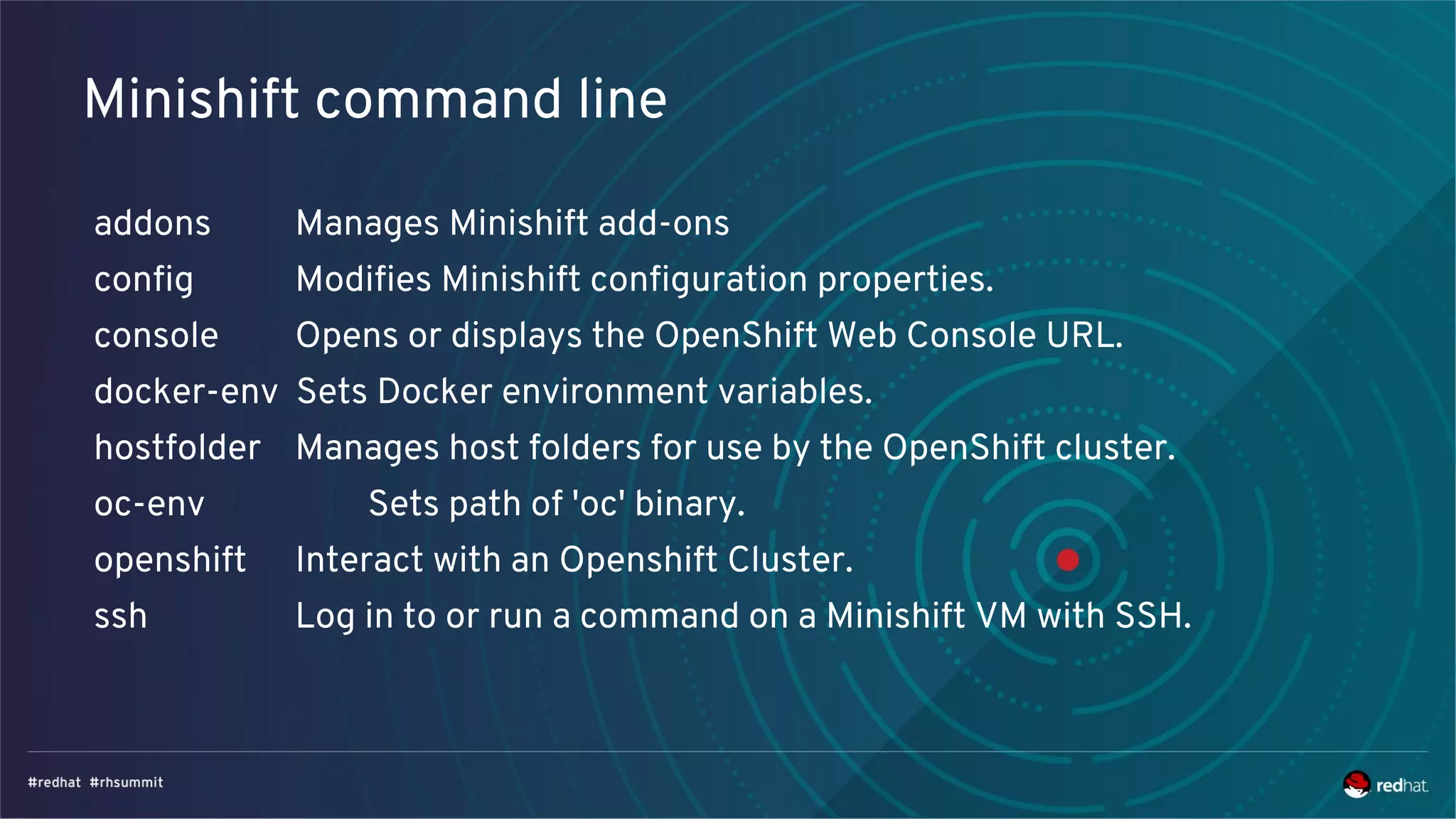 Minishift command line
addons Manages Minishift add-ons
config Modifies Minishift configuration properties.
console Opens or displays the OpenShift Web Console URL.
docker-env Sets Docker environment variables.
hostfolder Manages host folders for use by the OpenShift cluster.
oc-env Sets path of 'oc' binary.
openshift Interact with an Openshift Cluster.
ssh Log in to or run a command on a Minishift VM with SSH.
 