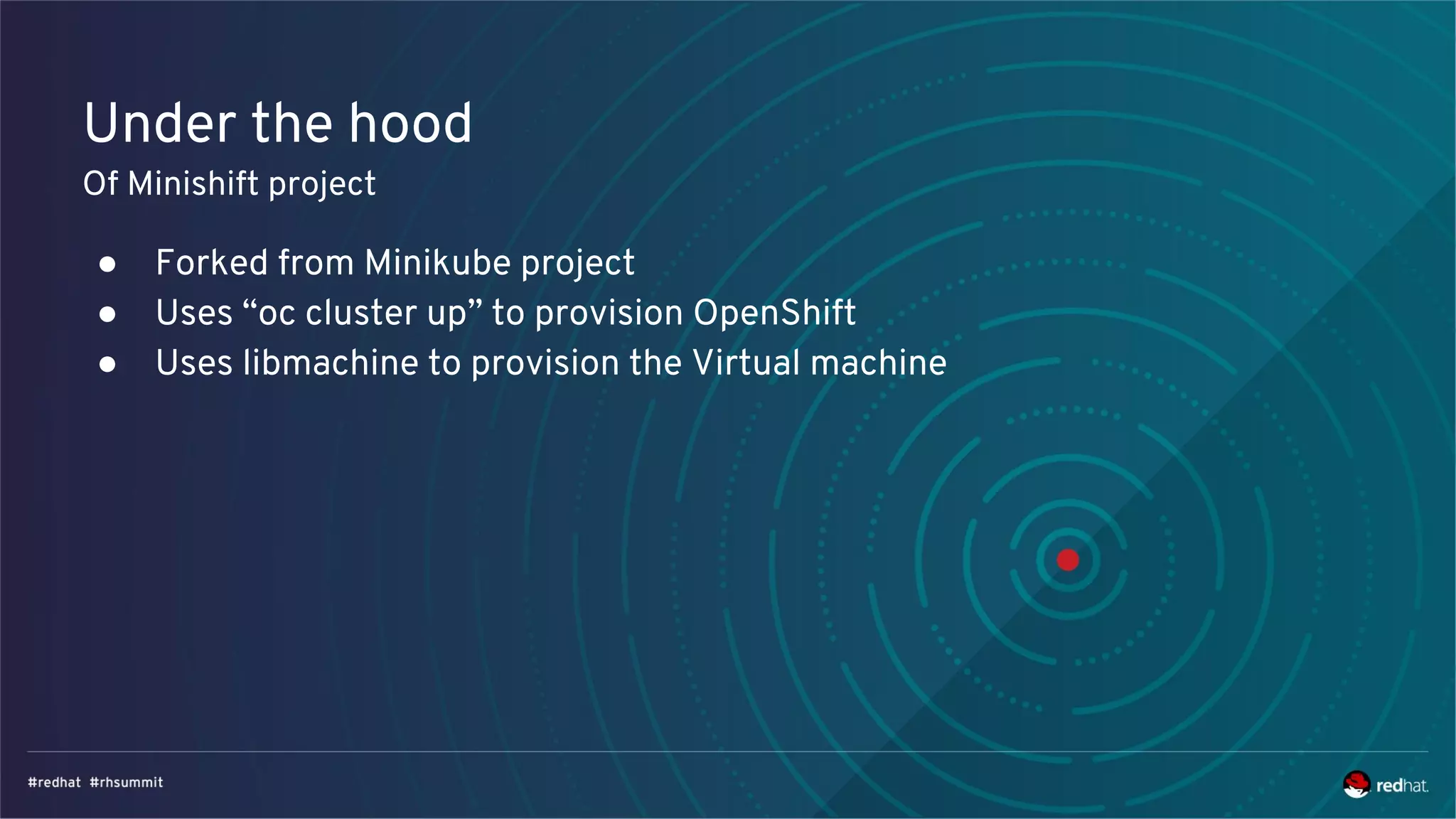 Under the hood
Of Minishift project
● Forked from Minikube project
● Uses “oc cluster up” to provision OpenShift
● Uses libmachine to provision the Virtual machine
 