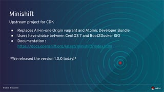 Minishift
Upstream project for CDK
● Replaces All-in-one Origin vagrant and Atomic Developer Bundle
● Users have choice between CentOS 7 and Boot2Docker ISO
● Documentation :
https://docs.openshift.org/latest/minishift/index.html
*We released the version 1.0.0 today!*
 