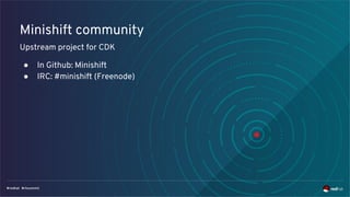 Minishift community
Upstream project for CDK
● In Github: Minishift
● IRC: #minishift (Freenode)
 