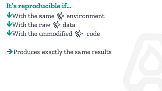It’s reproducible if…
With the same ✨ environment
With the raw ✨ data
With the unmodified ✨ code
➔Produces exactly the same results
 
