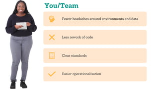 You/Team
Fewer headaches around environments and data
Less rework of code
Clear standards
Easier operationalisation
 