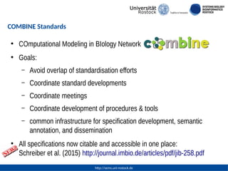 http://sems.uni-rostock.de
COMBINE Standards
●
COmputational Modeling in BIology Network
●
Goals:
– Avoid overlap of stand...
