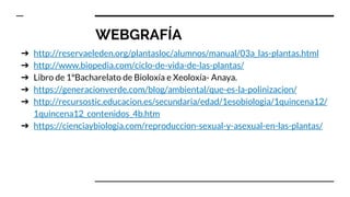 WEBGRAFÍA
➔ http://reservaeleden.org/plantasloc/alumnos/manual/03a_las-plantas.html
➔ http://www.biopedia.com/ciclo-de-vida-de-las-plantas/
➔ Libro de 1ºBacharelato de Bioloxía e Xeoloxía- Anaya.
➔ https://generacionverde.com/blog/ambiental/que-es-la-polinizacion/
➔ http://recursostic.educacion.es/secundaria/edad/1esobiologia/1quincena12/
1quincena12_contenidos_4b.htm
➔ https://cienciaybiologia.com/reproduccion-sexual-y-asexual-en-las-plantas/
 