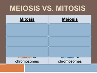 MEIOSIS VS. MITOSIS
     Mitosis                  Meiosis
Occurs in eukaryotic   Occurs only in sex cells
  cells (Asexual            (for Sexual
   reproduction)           Reproduction)

 Produces 2 cells         Produces 4 cells

Cells have normal        Cells have half the
    number of                number of
 chromosomes               chromosomes
 