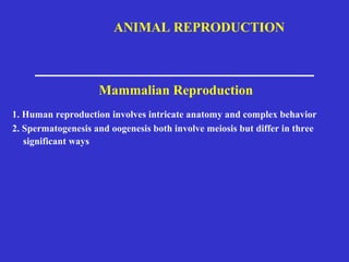 ANIMAL REPRODUCTION 
Mammalian Reproduction 
1. Human reproduction involves intricate anatomy and complex behavior 
2. Spermatogenesis and oogenesis both involve meiosis but differ in three 
significant ways 
 