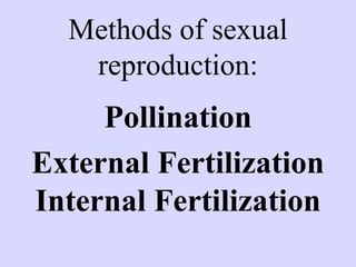 Methods of sexual
reproduction:
Pollination
External Fertilization
Internal Fertilization
 
