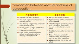 Comparison between Asexual and Sexual
reproduction
A s e x u a l
 Require one parent organism.
 The single organism makes a copy of
itself and divides.
 The offspring are generally genetically
identical to the parent.
 Used by yeast, sponges, and bacteria.
 Pros-- extremely efficient .
 Cons -- If the parent has genetic
defects or deficiencies, all of its
offspring will also be weak.
S e x u a l
 Require two parents organism.
 Sperm and egg fertilize, one another
to form zygote.
 The offspring are genetically unique
from the parents, but contain a
random combination of parental
genes.
 Used by humans, other animals and
plants.
 Pros-- Produces genetically
different babies, increasing the
survival rate of the population.
 Cons-- Requires a lot of time and
effort.
 