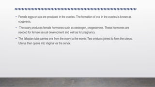 • Female eggs or ova are produced in the ovaries. The formation of ova in the ovaries is known as
oogenesis.
• The ovary produces female hormones such as oestrogen, progesterone. These hormones are
needed for female sexual development and well as for pregnancy.
• The fallopian tube carries ova from the ovary to the womb. Two oviducts joined to form the uterus.
Uterus then opens into Vagina via the cervix.
 