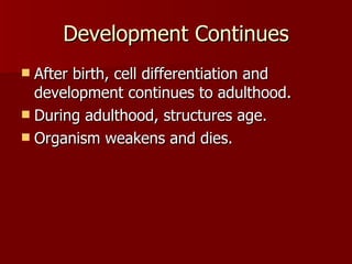 Development Continues After birth, cell differentiation and development continues to adulthood. During adulthood, structures age. Organism weakens and dies. 