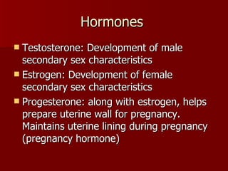 Hormones  Testosterone: Development of male secondary sex characteristics  Estrogen: Development of female secondary sex characteristics Progesterone: along with estrogen, helps prepare uterine wall for pregnancy. Maintains uterine lining during pregnancy (pregnancy hormone) 