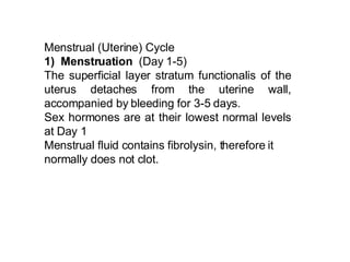 Menstrual (Uterine) Cycle 1)  Menstruation  (Day 1-5)  The superficial layer stratum functionalis of the uterus detaches from the uterine wall, accompanied by bleeding for 3-5 days.  Sex hormones are at their lowest normal levels at Day 1 Menstrual fluid contains fibrolysin, therefore it normally does not clot.   