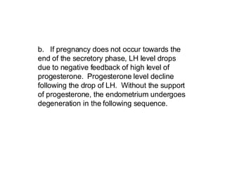 b.  If pregnancy does not occur towards the end of the secretory phase, LH level drops due to negative feedback of high level of progesterone.  Progesterone level decline following the drop of LH.  Without the support of progesterone, the endometrium undergoes degeneration in the following sequence.   
