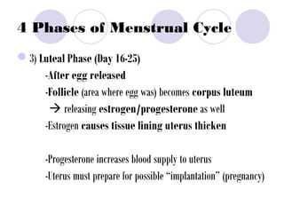 4 Phases of Menstrual Cycle
3) Luteal Phase (Day 16-25)
-After egg released
-Follicle (area where egg was) becomes corpus luteum
 releasing estrogen/progesterone as well
-Estrogen causes tissue lining uterus thicken
-Progesterone increases blood supply to uterus
-Uterus must prepare for possible “implantation” (pregnancy)
 