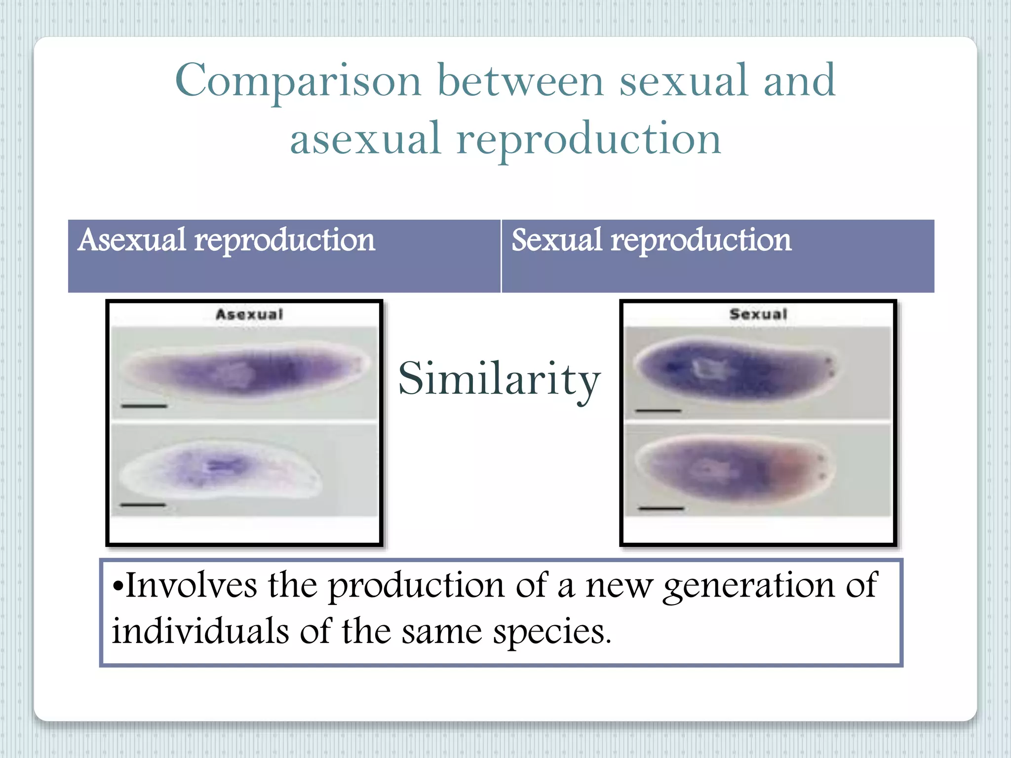 Comparison between sexual and
asexual reproduction
Asexual reproduction Sexual reproduction
Similarity
•Involves the production of a new generation of
individuals of the same species.
 