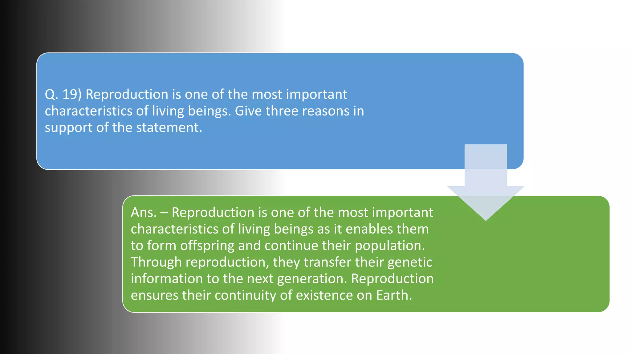 Q. 19) Reproduction is one of the most important
characteristics of living beings. Give three reasons in
support of the statement.
Ans. – Reproduction is one of the most important
characteristics of living beings as it enables them
to form offspring and continue their population.
Through reproduction, they transfer their genetic
information to the next generation. Reproduction
ensures their continuity of existence on Earth.
 