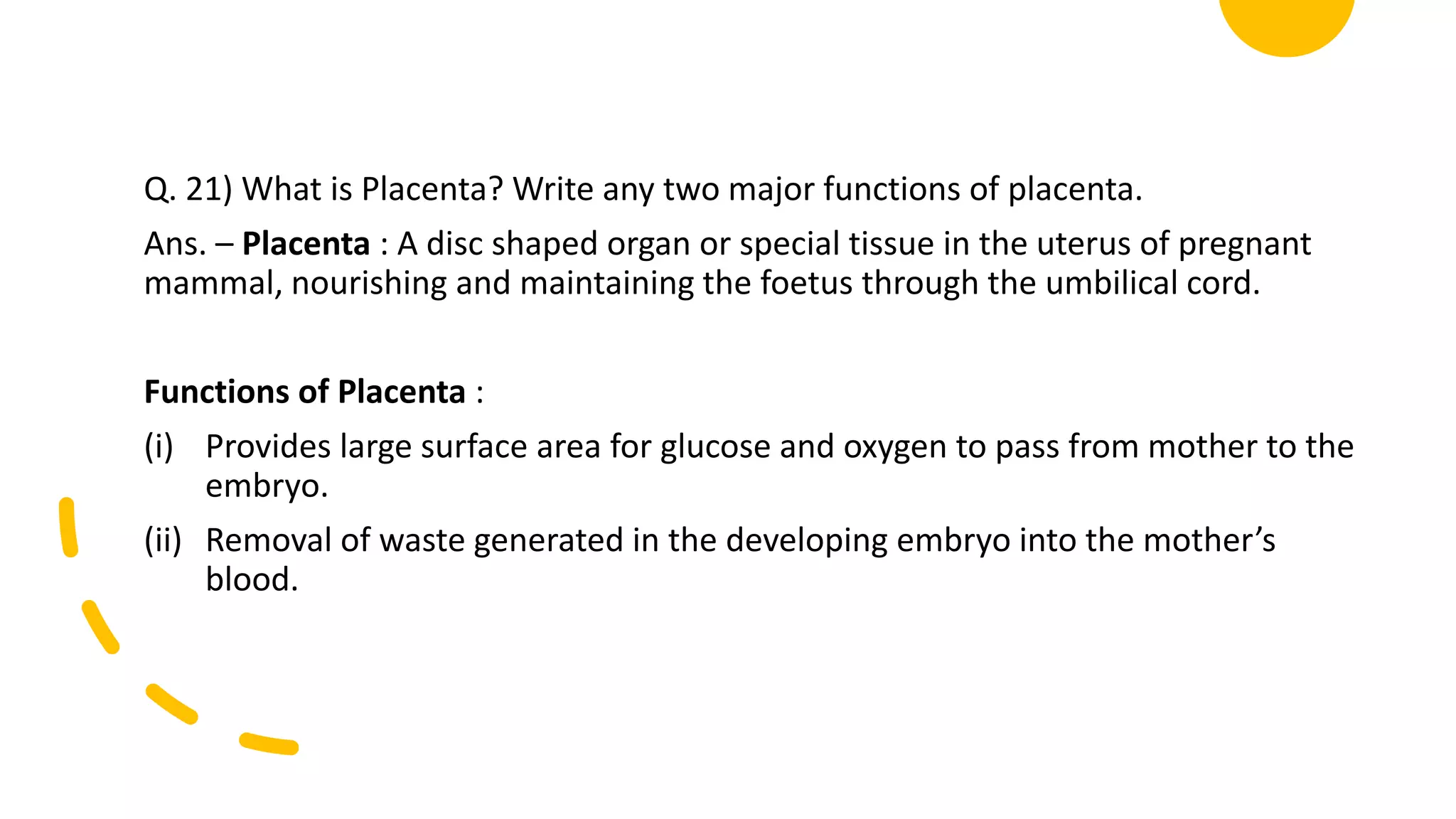 Q. 21) What is Placenta? Write any two major functions of placenta.
Ans. – Placenta : A disc shaped organ or special tissue in the uterus of pregnant
mammal, nourishing and maintaining the foetus through the umbilical cord.
Functions of Placenta :
(i) Provides large surface area for glucose and oxygen to pass from mother to the
embryo.
(ii) Removal of waste generated in the developing embryo into the mother’s
blood.
 