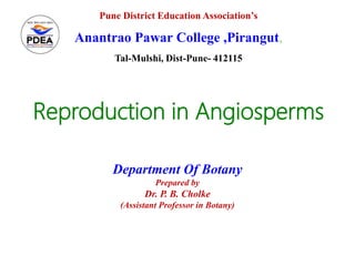 Reproduction in Angiosperms
Department Of Botany
Prepared by
Dr. P. B. Cholke
(Assistant Professor in Botany)
Pune District Education Association’s
Anantrao Pawar College ,Pirangut,
Tal-Mulshi, Dist-Pune- 412115
 
