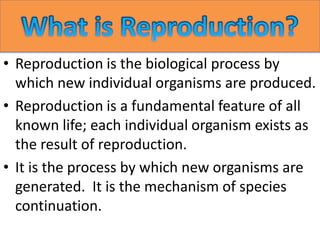 • Reproduction is the biological process by
  which new individual organisms are produced.
• Reproduction is a fundamental feature of all
  known life; each individual organism exists as
  the result of reproduction.
• It is the process by which new organisms are
  generated. It is the mechanism of species
  continuation.
 