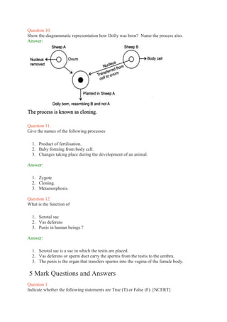 Question 10.
Show the diagrammatic representation how Dolly was born? Name the process also.
Answer:
Question 11.
Give the names of the following processes
1. Product of fertilisation.
2. Baby forming from body cell.
3. Changes taking place during the development of an animal.
Answer:
1. Zygote
2. Cloning.
3. Metamorphosis.
Question 12.
What is the function of
1. Scrotal sac
2. Vas deferens
3. Penis in human beings ?
Answer:
1. Scrotal sac is a sac in which the testis are placed.
2. Vas deferens or sperm duct carry the sperms from the testis to the urethra.
3. The penis is the organ that transfers sperms into the vagina of the female body.
5 Mark Questions and Answers
Question 1.
Indicate whether the following statements are True (T) or False (F). [NCERT]
 