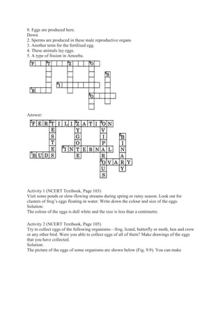 8. Eggs are produced here.
Down
2. Sperms are produced in these male reproductive organs
3. Another term for the fertilised egg.
4. These animals lay eggs.
5. A type of fission in Amoeba.
Answer:
Activity 1 (NCERT Textbook, Page 103)
Visit some ponds or slow-flowing streams during spring or rainy season. Look out for
clusters of frog’s eggs floating in water. Write down the colour and size of the eggs.
Solution:
The colour of the eggs is dull white and the size is less than a centimetre.
Activity 2 (NCERT Textbook, Page 105)
Try to collect eggs of the following organisms—frog, lizard, butterfly or moth, hen and crow
or any other bird. Were you able to collect eggs of all of them? Make drawings of the eggs
that you have collected.
Solution:
The picture of the eggs of some organisms are shown below (Fig. 9.9). You can make
 