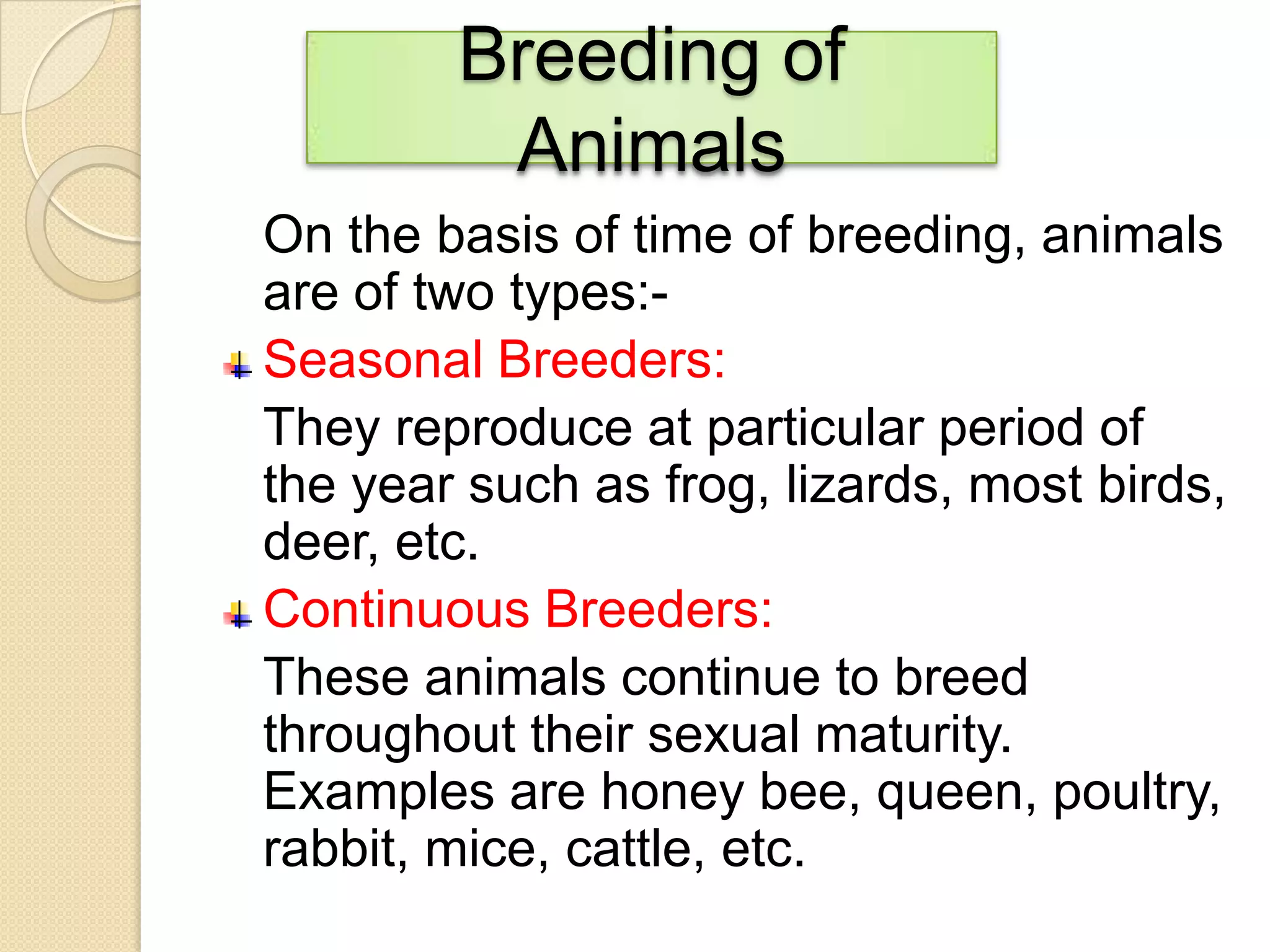 Breeding of
Animals
On the basis of time of breeding, animals
are of two types:Seasonal Breeders:
They reproduce at particular period of
the year such as frog, lizards, most birds,
deer, etc.
Continuous Breeders:
These animals continue to breed
throughout their sexual maturity.
Examples are honey bee, queen, poultry,
rabbit, mice, cattle, etc.

 