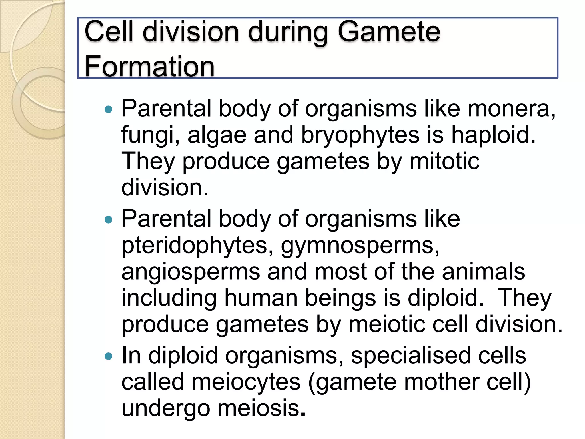 Cell division during Gamete
Formation
Parental body of organisms like monera,
fungi, algae and bryophytes is haploid.
They produce gametes by mitotic
division.
 Parental body of organisms like
pteridophytes, gymnosperms,
angiosperms and most of the animals
including human beings is diploid. They
produce gametes by meiotic cell division.
 In diploid organisms, specialised cells
called meiocytes (gamete mother cell)
undergo meiosis.


 