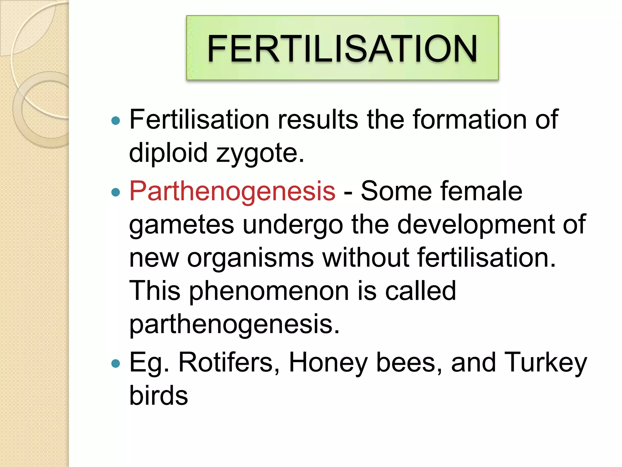 FERTILISATION
Fertilisation results the formation of
diploid zygote.
 Parthenogenesis - Some female
gametes undergo the development of
new organisms without fertilisation.
This phenomenon is called
parthenogenesis.
 Eg. Rotifers, Honey bees, and Turkey
birds


 