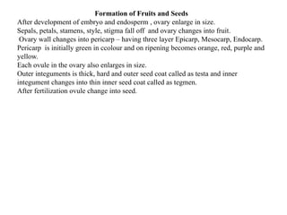 Formation of Fruits and Seeds
After development of embryo and endosperm , ovary enlarge in size.
Sepals, petals, stamens, style, stigma fall off and ovary changes into fruit.
Ovary wall changes into pericarp – having three layer Epicarp, Mesocarp, Endocarp.
Pericarp is initially green in ccolour and on ripening becomes orange, red, purple and
yellow.
Each ovule in the ovary also enlarges in size.
Outer integuments is thick, hard and outer seed coat called as testa and inner
integument changes into thin inner seed coat called as tegmen.
After fertilization ovule change into seed.
 