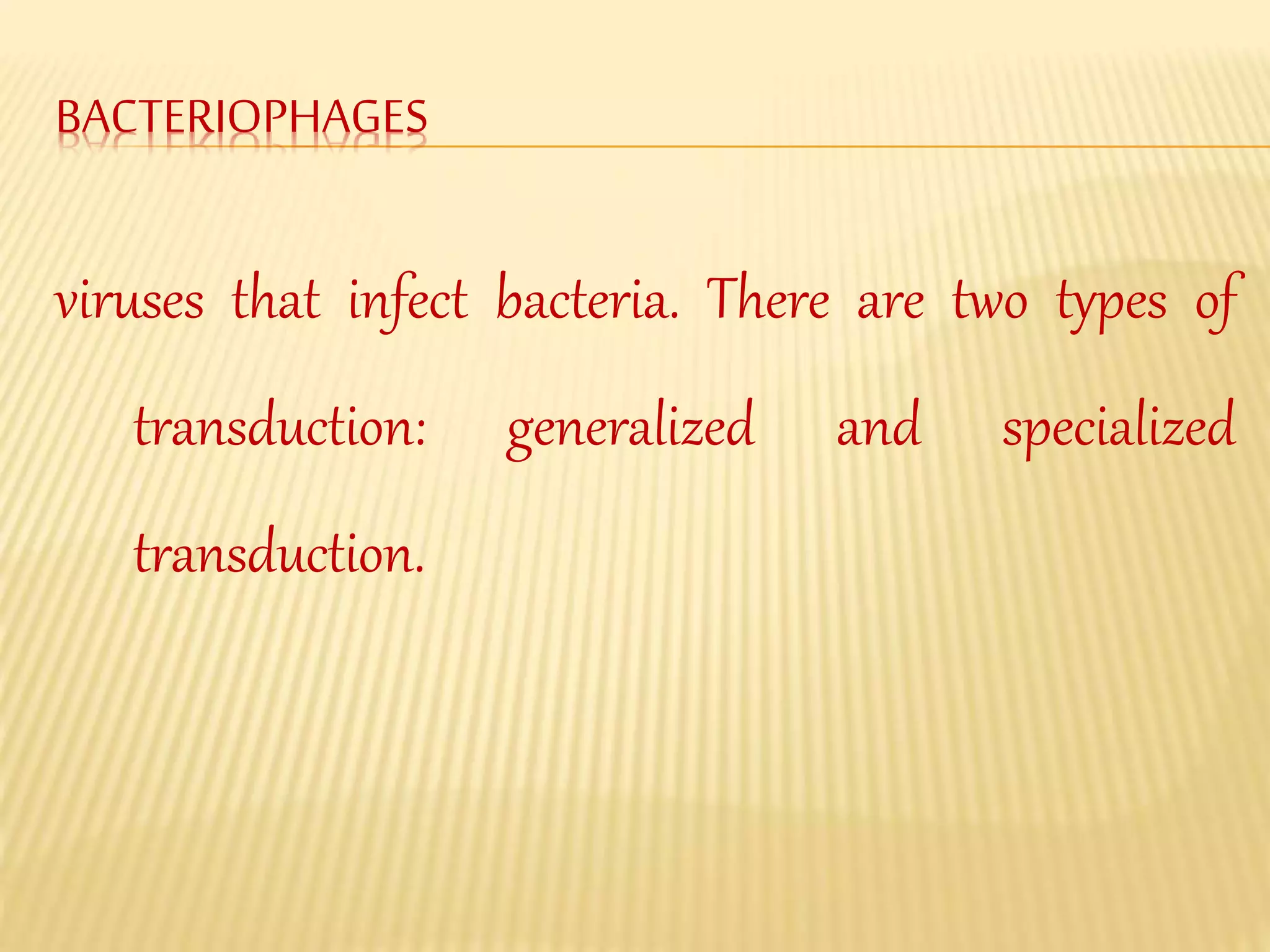 BACTERIOPHAGES
viruses that infect bacteria. There are two types of
transduction: generalized and specialized
transduction.