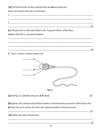 (b) The blood of the mother and the fetus do not normally mix. 
State two reasons why this is important. 
1. ........................................................................................................................................................................................ 
............................................................................................................................................................................................ 
2. ........................................................................................................................................................................................ 
...................................................................................................................................................................................... [2] 
(c) The placenta is often described as the ‘lung and kidney’ of the fetus. 
Explain why this is a good description. 
...................................................................................................................................................... ...................................... 
............................................................................................................................................................................................ 
............................................................................................................................................................................................ 
........................................................................................................................................................................................[3] 
2. Fig. 2.1 shows a human sperm cell. 
(a) On Fig. 2.1, label the cell parts A, B and C. [3] 
(b) Sperm cells contain only half the number of chromosomes present in other body cells. 
(i) State the term used to describe this reduced number of chromosomes. 
.............................................................................................................................................................. ........................ [1] 
(ii) Define the term chromosome. 
............................................................................................................................................................................................ 
........................................................................................................................................................................................[2] 
10 
 