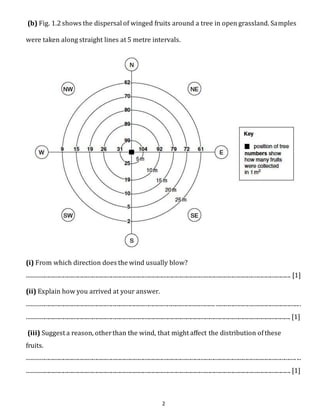 (b) Fig. 1.2 shows the dispersal of winged fruits around a tree in open grassland. Samples 
were taken along straight lines at 5 metre intervals. 
(i) From which direction does the wind usually blow? 
...................................................................................................................................................................................... [1] 
(ii) Explain how you arrived at your answer. 
.................................................................................................................................. ........................................................... 
...................................................................................................................................................................................... [1] 
(iii) Suggest a reason, other than the wind, that might affect the distribution of these 
fruits. 
.......................................................................................................................................................................................... ... 
...................................................................................................................................................................................... [1] 
2 
 