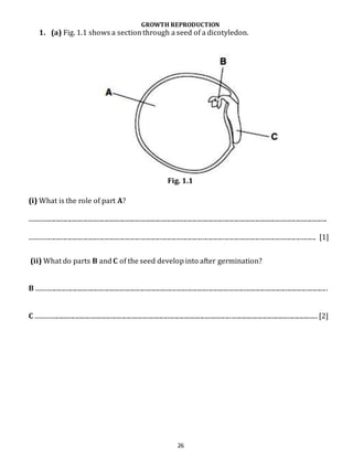 GROWTH REPRODUCTION 
1. (a) Fig. 1.1 shows a section through a seed of a dicotyledon. 
Fig. 1.1 
26 
(i) What is the role of part A? 
.......................................................................................................................................................................................... 
................................................................................................................................................................................... [1] 
(ii) What do parts B and C of the seed develop into after germination? 
B ...................................................................................................................................................................................... 
C ................................................................................................................................................................................ [2] 
 